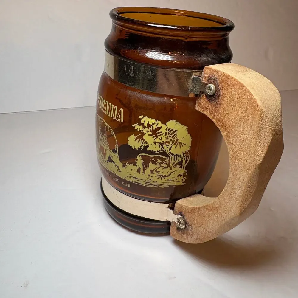 Vintage Pennsylvania Animals Bear Buck Souvenir Brown Glass Barrel Mug Wood